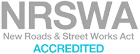 NRSWA logo with text: “New Roads & Street Works Act” and “Accredited” in blue below.