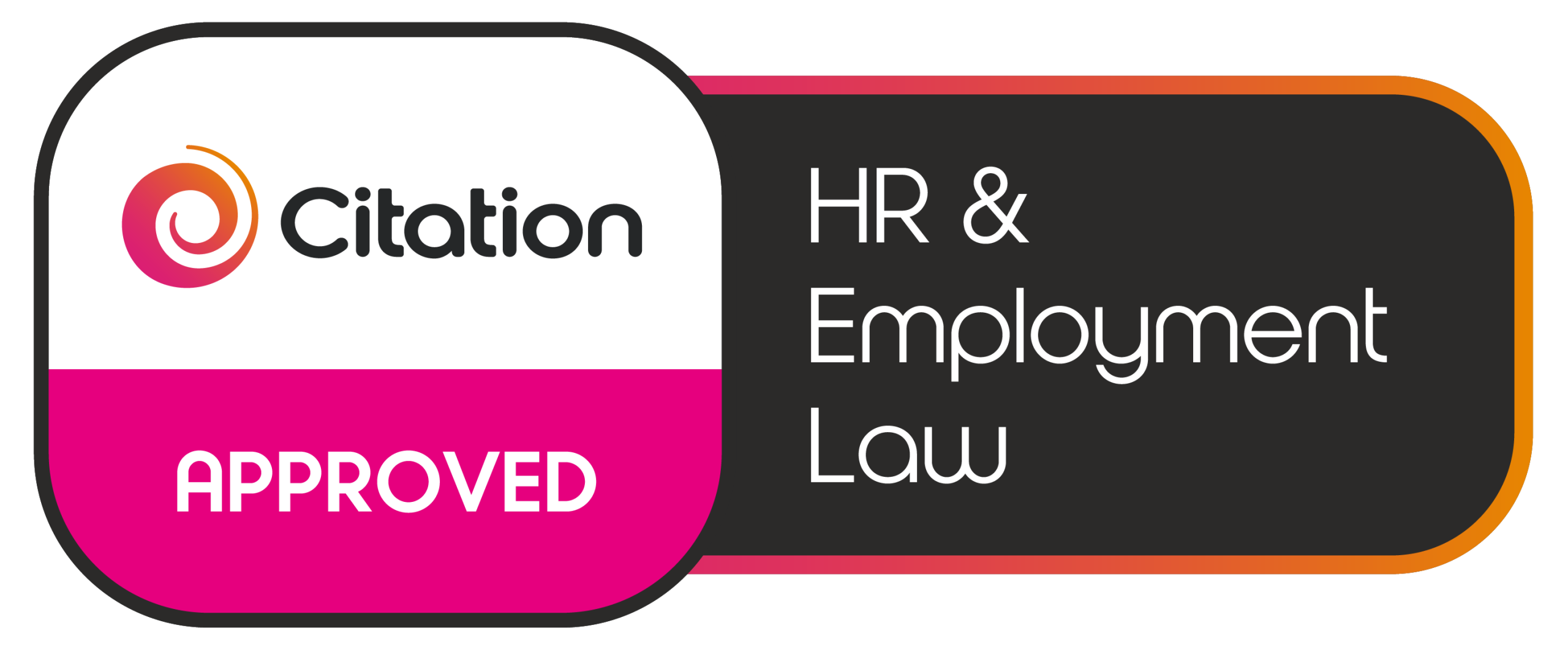 Circular logo with swirl, “Citation” text on white, “APPROVED” in pink, and “HR & Employment Law” in white on a black background with rounded corners and a gradient border.