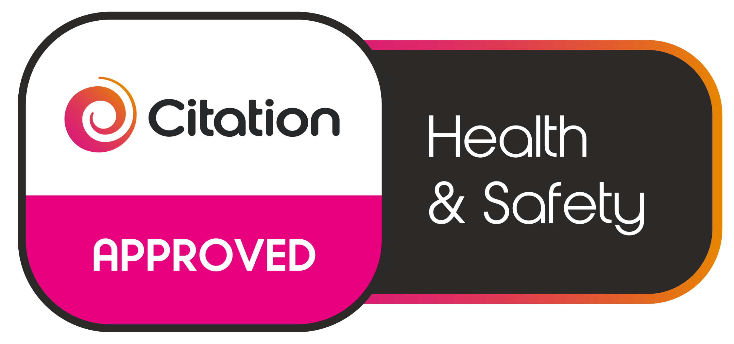 Citation Health & Safety Approved badge with a swirl logo, the word “Citation” on white, “Approved” on pink, and “Health & Safety” on a black background with an orange-pink border.