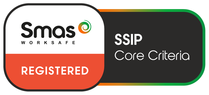 Smas Worksafe Registered badge with SSIP Core Criteria text on a black, white, and orange background, used for certification or accreditation purposes.