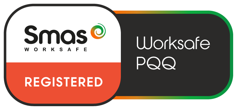Smas Worksafe Registered badge; black, white, and orange design with “Worksafe PQQ” text and a circular logo.
