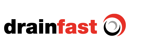 The Drainfast logo features the word “drain” in bold black letters, “fast” in bold red letters, and a circular red, black, and gray swirl graphic to the right.