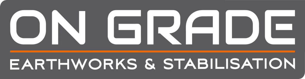 Logo with a grey background featuring the words “ON GRADE” in large white font, and “EARTHWORKS & STABILISATION” below with an orange line separating the two sections.